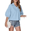 image:imageLYANER Womens Collar V Neck Button Down Lantern Short Sleeve Blouse Crop Top ShirtSky Blue