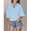 image:imageLYANER Womens Collar V Neck Button Down Lantern Short Sleeve Blouse Crop Top ShirtSky Blue