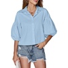 image:imageLYANER Womens Collar V Neck Button Down Lantern Short Sleeve Blouse Crop Top ShirtSky Blue