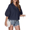 image:imageLYANER Womens Collar V Neck Button Down Lantern Short Sleeve Blouse Crop Top ShirtSolid Navy Blue