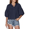 image:imageLYANER Womens Collar V Neck Button Down Lantern Short Sleeve Blouse Crop Top ShirtSolid Navy Blue