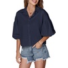 image:imageLYANER Womens Collar V Neck Button Down Lantern Short Sleeve Blouse Crop Top ShirtSolid Navy Blue