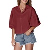 image:imageLYANER Womens Collar V Neck Button Down Lantern Short Sleeve Blouse Crop Top ShirtSolid Wine Red