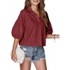 image:imageLYANER Womens Collar V Neck Button Down Lantern Short Sleeve Blouse Crop Top ShirtSolid Wine Red