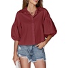 image:imageLYANER Womens Collar V Neck Button Down Lantern Short Sleeve Blouse Crop Top ShirtSolid Wine Red