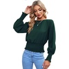 image:imageLYANER Womens Crewnec Frill Long Sleeve Shirred Pleated Hem Pullover Blouse Casual Shirt TopDark Green