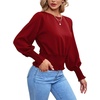 image:imageLYANER Womens Crewnec Frill Long Sleeve Shirred Pleated Hem Pullover Blouse Casual Shirt TopRed