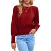 image:imageLYANER Womens Crewnec Frill Long Sleeve Shirred Pleated Hem Pullover Blouse Casual Shirt TopRed