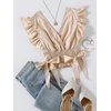 image:imageLYANER Womens Cute V Neck Ruffle Cap Sleeve Side Bow Shirred Hem Summer Crop Tank Tops Peplum BlouseBeige