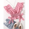 image:imageLYANER Womens Cute V Neck Ruffle Cap Sleeve Side Bow Shirred Hem Summer Crop Tank Tops Peplum BlousePink