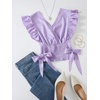 image:imageLYANER Womens Cute V Neck Ruffle Cap Sleeve Side Bow Shirred Hem Summer Crop Tank Tops Peplum BlouseSolid Lilac