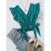 image:imageLYANER Womens Cute V Neck Ruffle Cap Sleeve Side Bow Shirred Hem Summer Crop Tank Tops Peplum BlouseSolid Teal