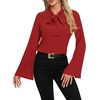 image:imageLYANER Womens Elegant Bow Tie Mock Neck Bell Long Sleeve Blouse Shirts TopRed