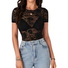 image:imageLYANER Womens Lace Top Cute Short Sleeve Fitted Mesh Sheer T Shirt Going Out Tee TopsBlack