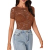 image:imageLYANER Womens Lace Top Cute Short Sleeve Fitted Mesh Sheer T Shirt Going Out Tee TopsCaramel
