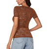 image:imageLYANER Womens Lace Top Cute Short Sleeve Fitted Mesh Sheer T Shirt Going Out Tee TopsCaramel