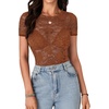 image:imageLYANER Womens Lace Top Cute Short Sleeve Fitted Mesh Sheer T Shirt Going Out Tee TopsCaramel