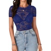 image:imageLYANER Womens Lace Top Cute Short Sleeve Fitted Mesh Sheer T Shirt Going Out Tee TopsDark Blue