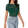 image:imageLYANER Womens Lace Top Cute Short Sleeve Fitted Mesh Sheer T Shirt Going Out Tee TopsDark Green