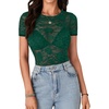 image:imageLYANER Womens Lace Top Cute Short Sleeve Fitted Mesh Sheer T Shirt Going Out Tee TopsDark Green