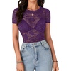 image:imageLYANER Womens Lace Top Cute Short Sleeve Fitted Mesh Sheer T Shirt Going Out Tee TopsDark Purple