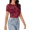 image:imageLYANER Womens Lace Top Cute Short Sleeve Fitted Mesh Sheer T Shirt Going Out Tee TopsDark Red