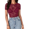 image:imageLYANER Womens Lace Top Cute Short Sleeve Fitted Mesh Sheer T Shirt Going Out Tee TopsDark Red