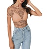 image:imageLYANER Womens Lace Top Cute Short Sleeve Fitted Mesh Sheer T Shirt Going Out Tee TopsKhaki