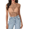 image:imageLYANER Womens Lace Top Cute Short Sleeve Fitted Mesh Sheer T Shirt Going Out Tee TopsKhaki