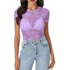 image:imageLYANER Womens Lace Top Cute Short Sleeve Fitted Mesh Sheer T Shirt Going Out Tee TopsLight Purple