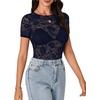 image:imageLYANER Womens Lace Top Cute Short Sleeve Fitted Mesh Sheer T Shirt Going Out Tee TopsNavy Blue