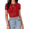 image:imageLYANER Womens Lace Top Cute Short Sleeve Fitted Mesh Sheer T Shirt Going Out Tee TopsRed01
