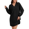 image:imageLYANER Womens Lace Trim V Neck Long Sleeve Pleated Ribbed Knit Loose Sleepwear NightgownBlack