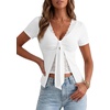 image:imageLYANER Womens Lace V Neck Tie Front Short Sleeve Cut Out Ruched Y2k Sexy Blouse TopsWhite