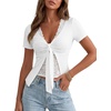 image:imageLYANER Womens Lace V Neck Tie Front Short Sleeve Cut Out Ruched Y2k Sexy Blouse TopsWhite
