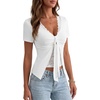 image:imageLYANER Womens Lace V Neck Tie Front Short Sleeve Cut Out Ruched Y2k Sexy Blouse TopsWhite