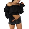 image:imageLYANER Womens Off Shoulder Ruffle Trim Puff Long Sleeve Tube Crop Blouse Shirt TopBlack