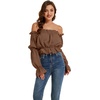image:imageLYANER Womens Off Shoulder Ruffle Trim Puff Long Sleeve Tube Crop Blouse Shirt TopBrown
