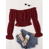 image:imageLYANER Womens Off Shoulder Ruffle Trim Puff Long Sleeve Tube Crop Blouse Shirt TopBurgundy