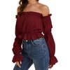 image:imageLYANER Womens Off Shoulder Ruffle Trim Puff Long Sleeve Tube Crop Blouse Shirt TopBurgundy