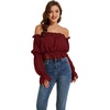 image:imageLYANER Womens Off Shoulder Ruffle Trim Puff Long Sleeve Tube Crop Blouse Shirt TopBurgundy