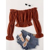 image:imageLYANER Womens Off Shoulder Ruffle Trim Puff Long Sleeve Tube Crop Blouse Shirt TopBurnt Orange