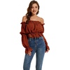 image:imageLYANER Womens Off Shoulder Ruffle Trim Puff Long Sleeve Tube Crop Blouse Shirt TopBurnt Orange