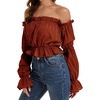 image:imageLYANER Womens Off Shoulder Ruffle Trim Puff Long Sleeve Tube Crop Blouse Shirt TopBurnt Orange