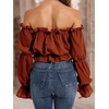 image:imageLYANER Womens Off Shoulder Ruffle Trim Puff Long Sleeve Tube Crop Blouse Shirt TopBurnt Orange