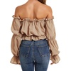 image:imageLYANER Womens Off Shoulder Ruffle Trim Puff Long Sleeve Tube Crop Blouse Shirt TopKhaki