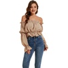 image:imageLYANER Womens Off Shoulder Ruffle Trim Puff Long Sleeve Tube Crop Blouse Shirt TopKhaki