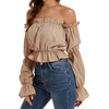 image:imageLYANER Womens Off Shoulder Ruffle Trim Puff Long Sleeve Tube Crop Blouse Shirt TopKhaki