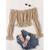 image:imageLYANER Womens Off Shoulder Ruffle Trim Puff Long Sleeve Tube Crop Blouse Shirt TopKhaki