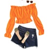 image:imageLYANER Womens Off Shoulder Ruffle Trim Puff Long Sleeve Tube Crop Blouse Shirt TopOrange